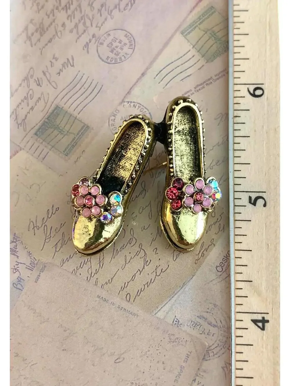 Dainty Floral Loafer Brooch - Pink Rhinestone Shoe Pin